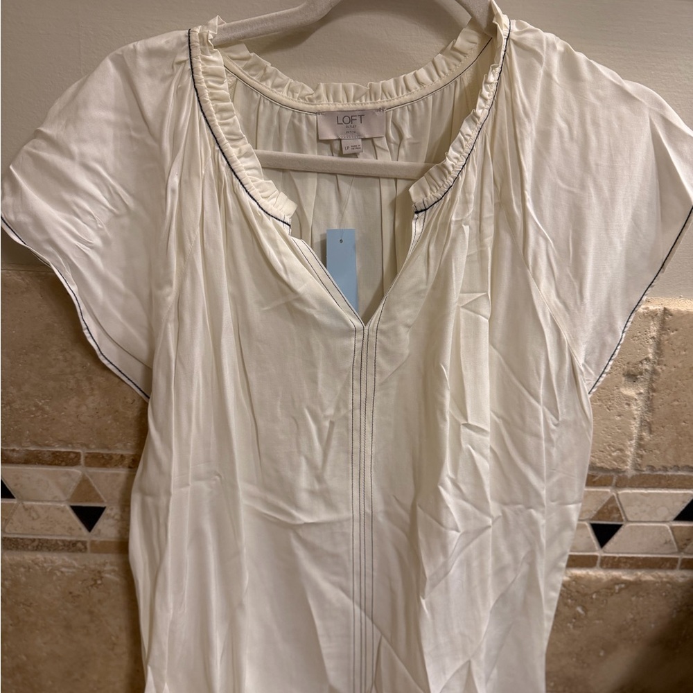 LOFT Cream Blouse with Ruffle Neckline